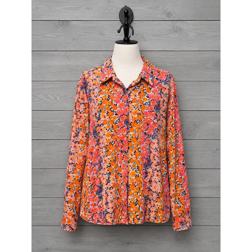 Isaac Mizrahi Live! Button Down Shirt Orange Floral Print Long Sleeve Size XL